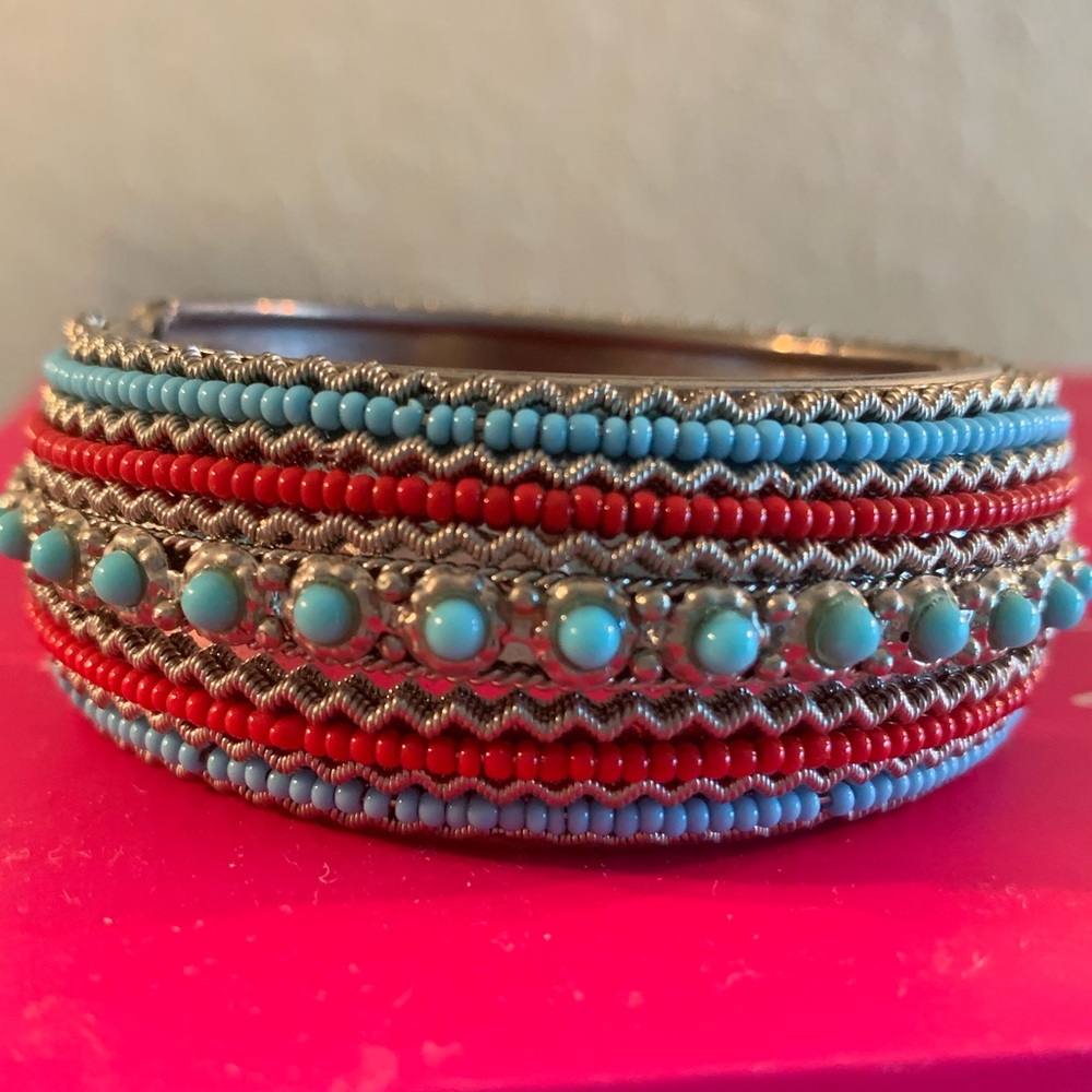 Red and Turquoise Beaded Silver Bracelet